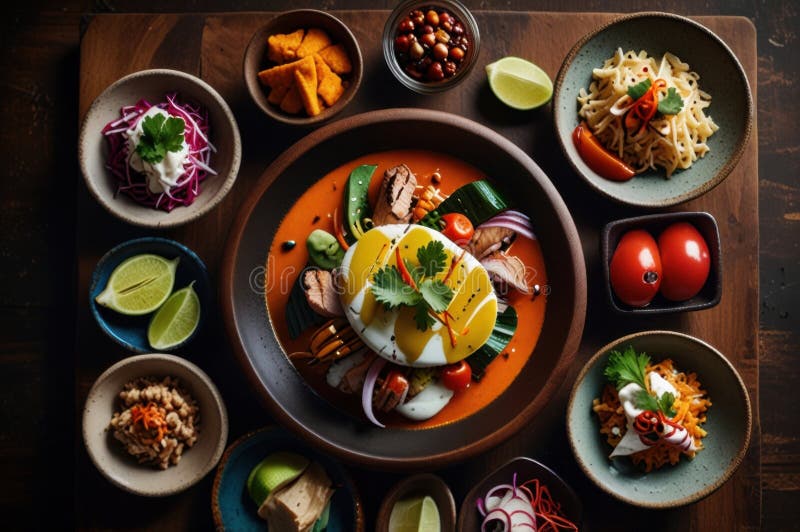 Gourmet peruanska diskar i stilized overhead view modern kulinary presentation ai genererad royaltyfri illustrationer