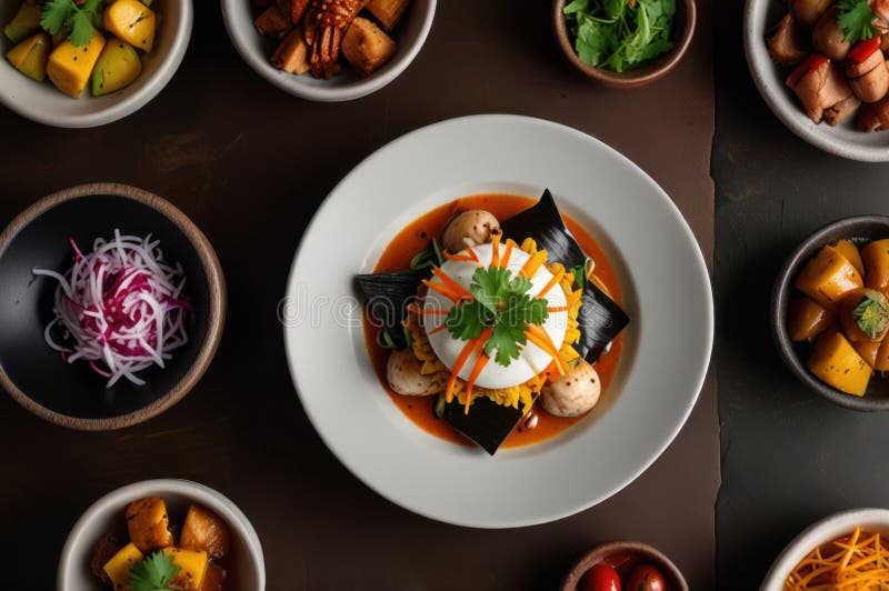 Gourmet peruanska diskar i stilized overhead view modern kulinary presentation ai genererad vektor illustrationer