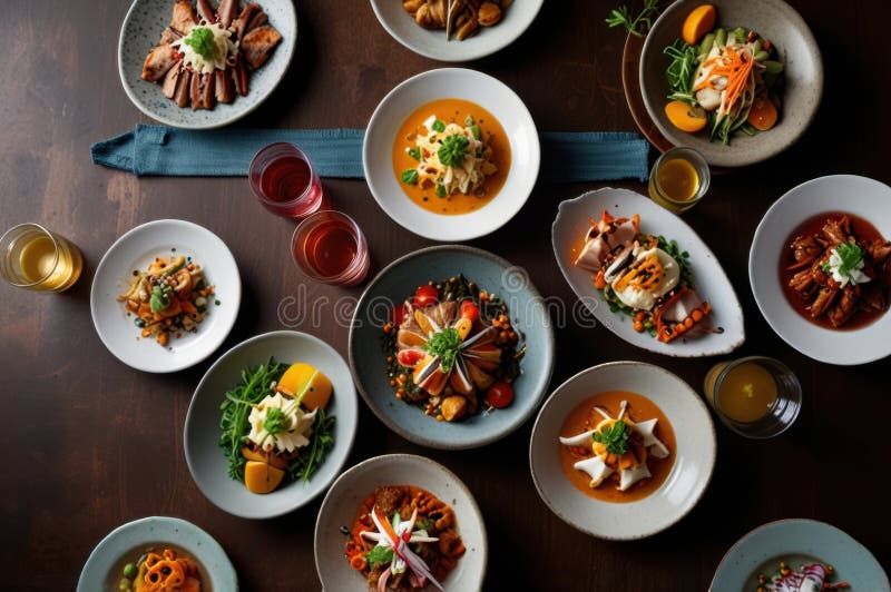 Gourmet peruanska diskar i stilized overhead view modern kulinary presentation ai genererad stock illustrationer