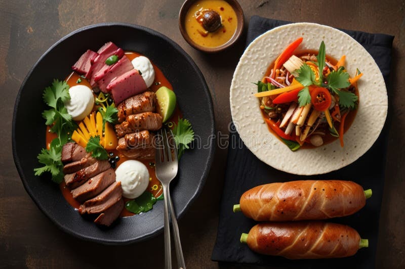 Gourmet peruanska diskar i stilized overhead view modern kulinary presentation ai genererad. Peruanska gourmet-diskar i stiliserad overhead view modern kulinary-presentation