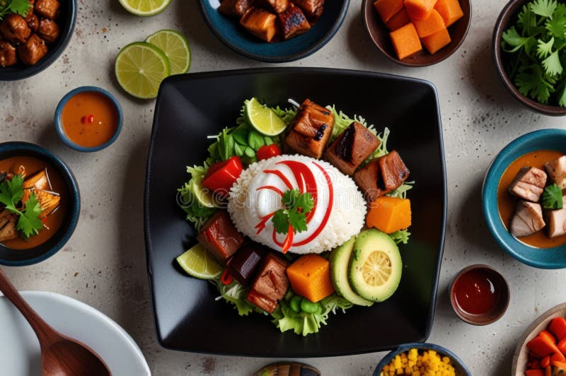 Gourmet peruanska diskar i stilized overhead view modern kulinary presentation ai genererad stock illustrationer