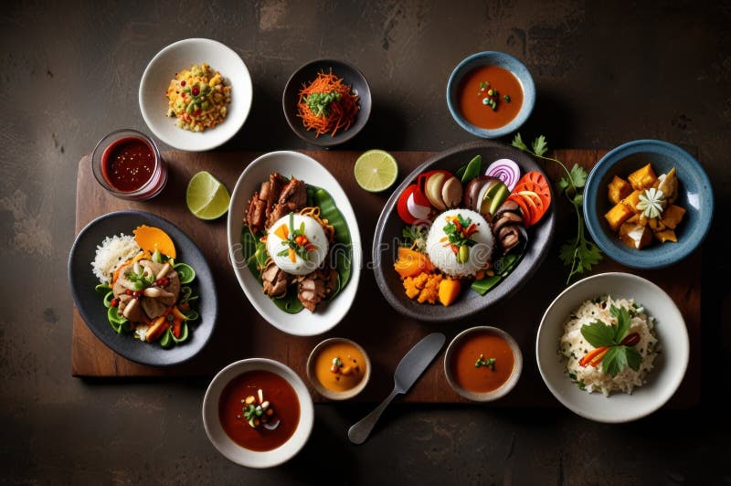 Gourmet peruanska diskar i stilized overhead view modern kulinary presentation ai genererad stock illustrationer