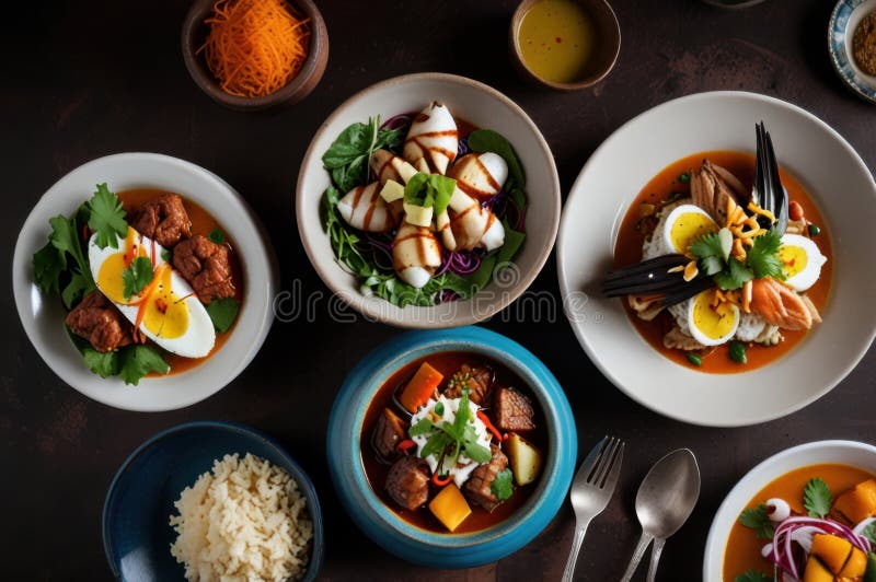 Gourmet peruanska diskar i stilized overhead view modern kulinary presentation ai genererad stock illustrationer
