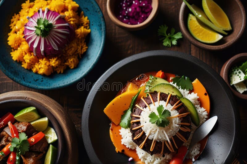 Gourmet peruanska diskar i stilized overhead view modern kulinary presentation ai genererad royaltyfri illustrationer
