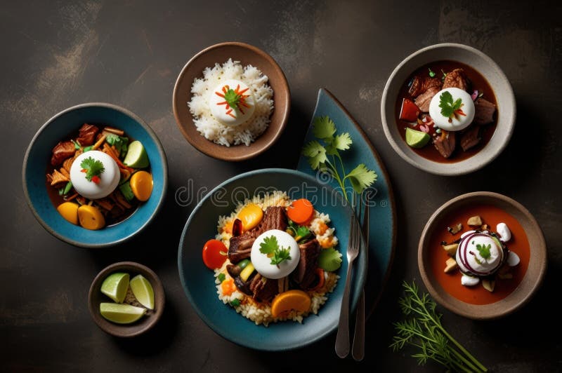 Gourmet peruanska diskar i stilized overhead view modern kulinary presentation ai genererad stock illustrationer