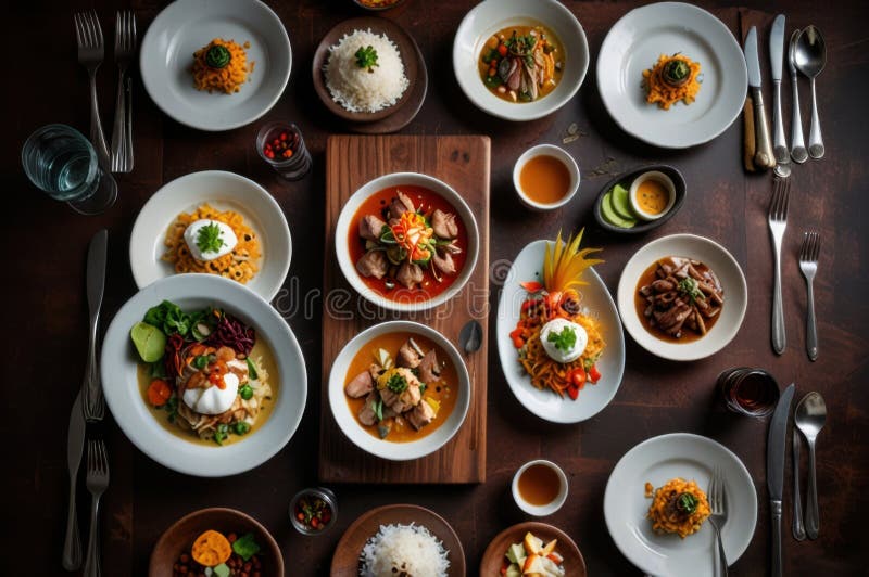 Gourmet peruanska diskar i stilized overhead view modern kulinary presentation ai genererad royaltyfri illustrationer