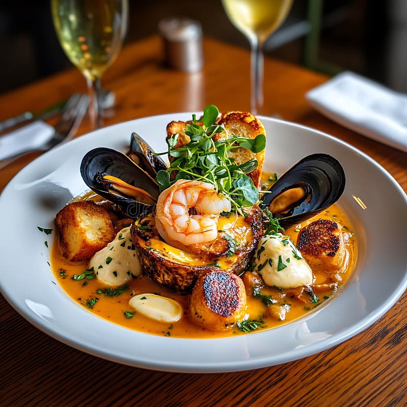 Gourmet Seafood Platter mit Shrimp Mussels Scallops und Creamy Sauce vektor abbildung