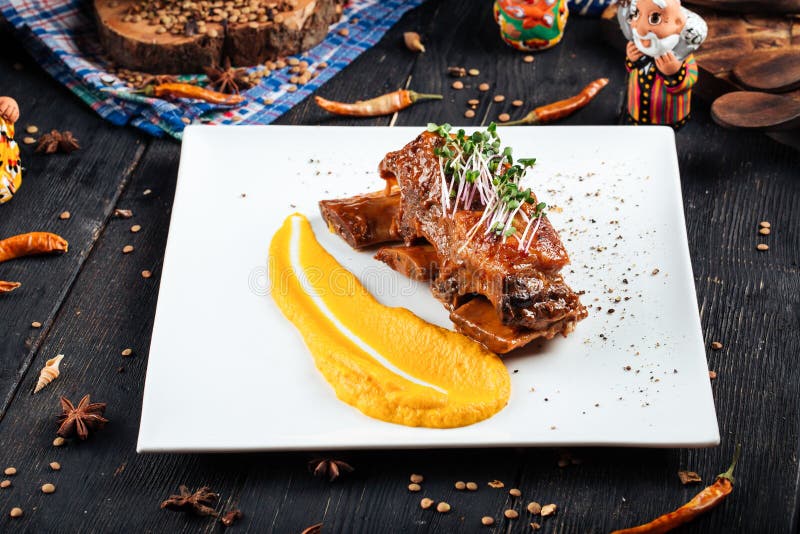Gourmet Stewed Beef Ribs Corn Puree Microgreen Stock Image Image of