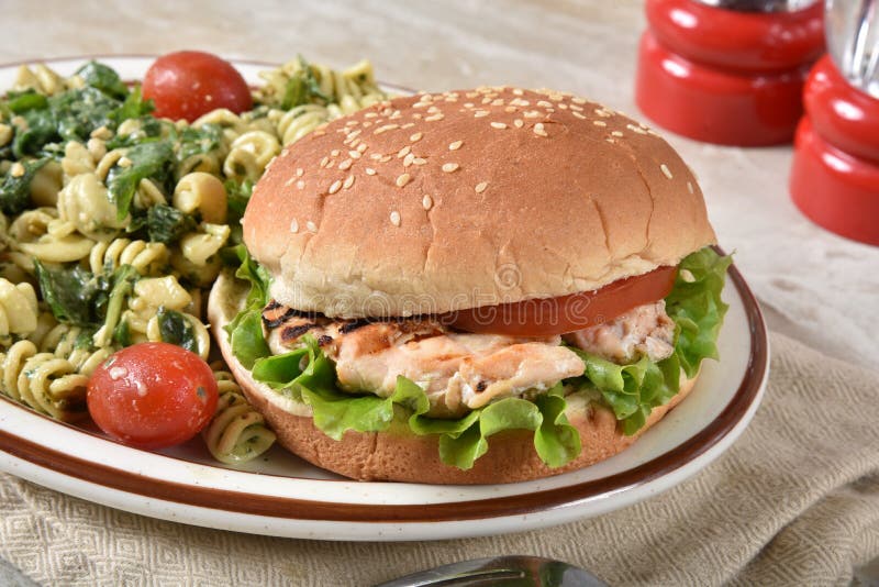 Tuna Burger with Pasta Salad Stock Image Image of parmesan, pasta