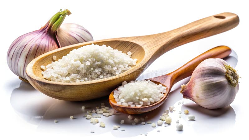 Gourmets Delikates aromatisches Knoblauchsalz in einem rustikalen Holzlöffel Bereit für kulinarische Abenteuer stock abbildung