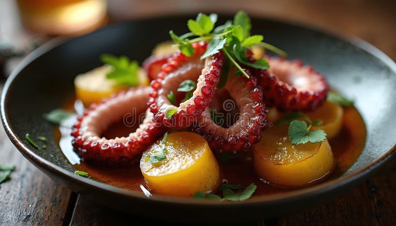 Gourmetskål med bläckfisk på platta. Ättika av peruanskt skaldjursfoder, bläckfisktentakler med potatissås. Färsk örtdekoration. stock illustrationer