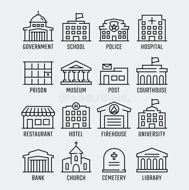 Government buildings icons in thin line style vector illustration