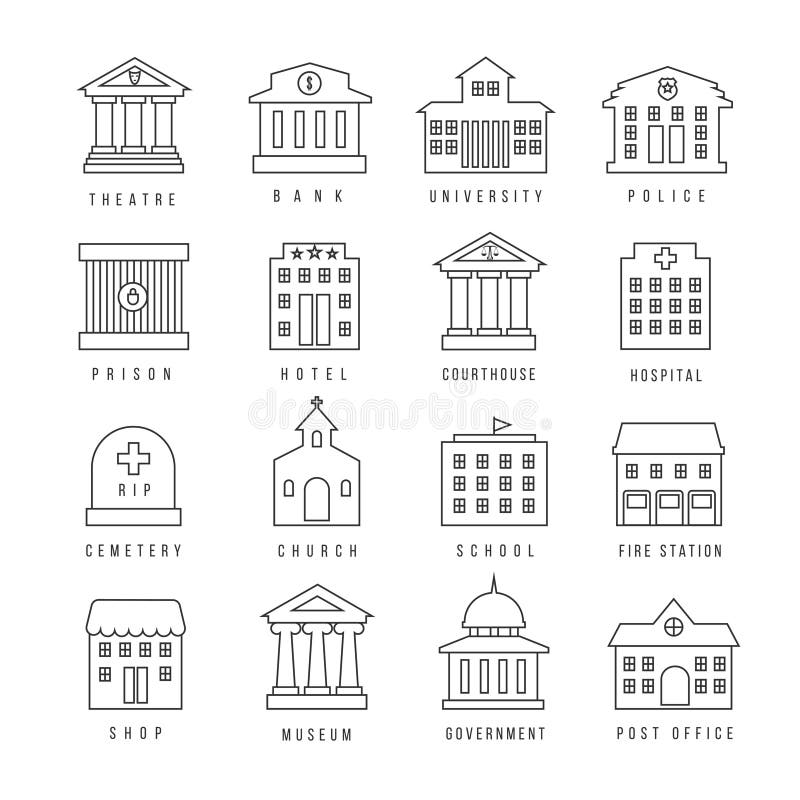 Government buildings lined signs. Firehouse and courthouse, library city bank outline icons