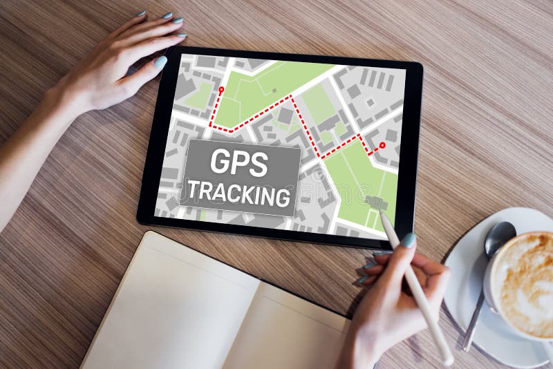 GPS Global Positioning System Tracking Map on Device Screen. Stock