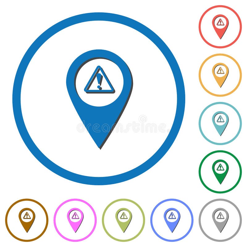 GPS Map Location Warning Icons with Shadows and Outlines Stock Vector