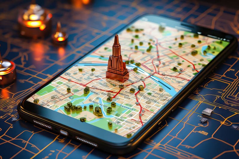 A location icon on a map, pinpointing a specific point, displayed on a mobile phone with GPS navigation. illustration created by Generative AI. Illustration designation stock images, royalty-free photos and pictures