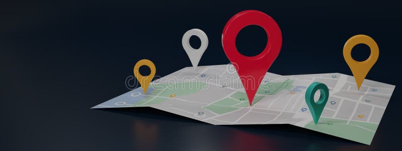 GPS. navigator pin checking with map on dark blue background. Location pin and location map with copy space for message or texts stock illustration