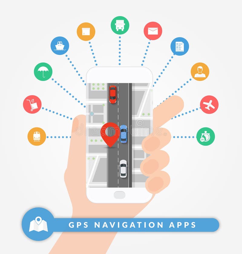 GPS navigeringapps på mobiltelefonen Vägnavigeringbegrepp med det stadsöversikten, stiftet och vägen med bilar vektor illustrationer GPS navigeringapps på mobiltelefonen Vägnavigeringbegrepp med det stadsöversikten, stiftet och vägen med bilar vektor illustrationer