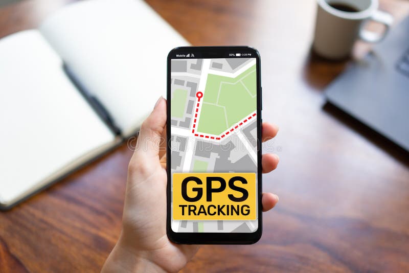 GPS Tracking Map on Smartphone Screen. Global Positioning System, Navigation Concept. Stock