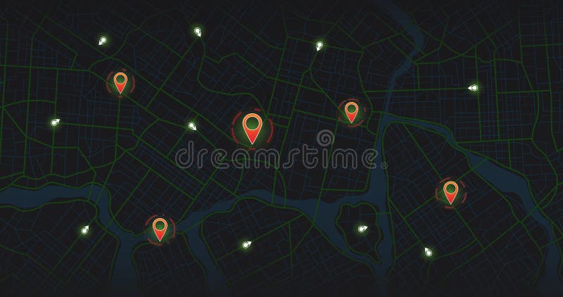 Gps tracking map, streets and blocks, route. Track navigation pins on street maps, navigate mapping technology and vector illustration