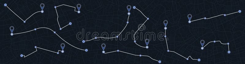 Gps tracking map, streets and blocks, route. Track navigation pins on street maps, navigate mapping technology and stock illustration