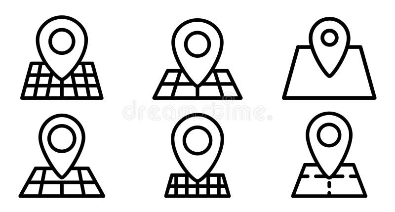 GPS vector icons set. Black map pin icon. Linear icon of a location pin marking stock illustration