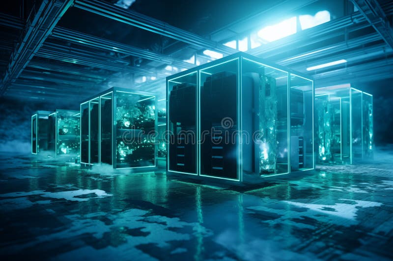GPU mining rigs in industrial setting. Generative AI royalty free stock photography