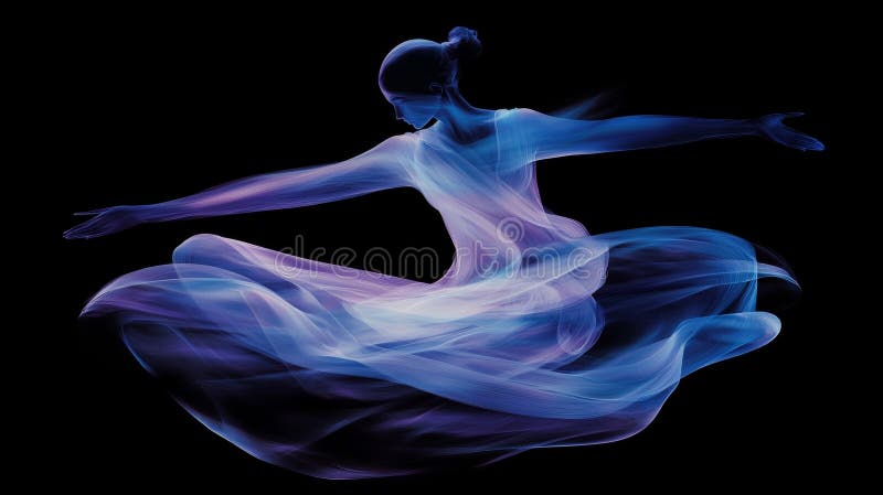 Graceful dancer performing with a flowing ethereal dress in vibrant neon colors against a dark background, creating a stock photos