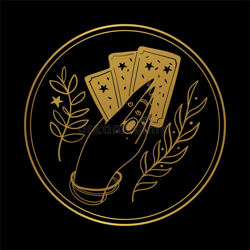 Graceful female hand of a gypsy woman holds tarot cards. Round gold icon on a black background. The concept of