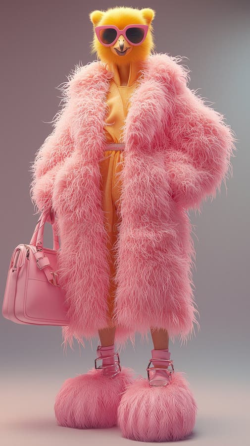 Elegant anthropomorphic flamingo in vibrant pink fur coat vector illustration