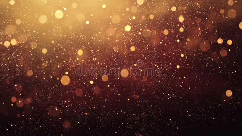 Graceful swirling golden particles create a festive bokeh effect on a dark background, with light rays shining through stock photo