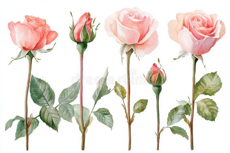 A graceful watercolor set featuring realistic pink roses in various stages of bloom, from buds to stock photos