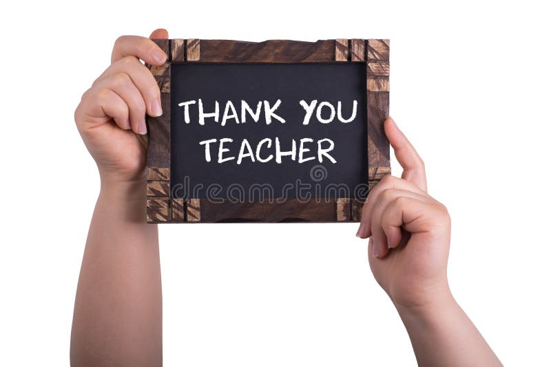 A woman holding chalkboard with words thank you teacher isolated on white background. A woman holding chalkboard with words thank you teacher isolated on white background.