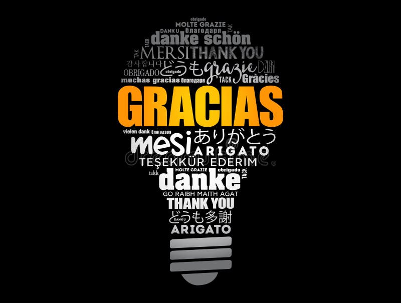 Gracias Thank You in Spanish Light Bulb Word Cloud Stock Illustration