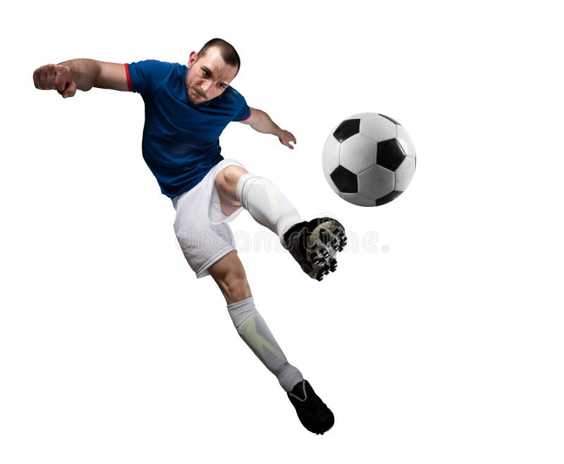 Gracz pi?ki no?nej z soccerball przygotowywaj?cym bawi? si? pojedynczy bia?e t?o obraz stock Gracz pi?ki no?nej z soccerball przygotowywaj?cym bawi? si? pojedynczy bia?e t?o obraz stock