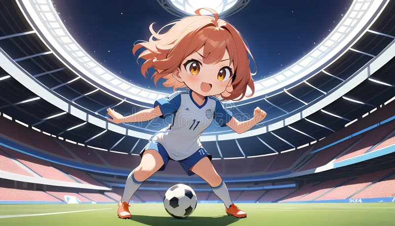Gracz piłkarski Cute Chibi Anime Girl na stadionie w nocy ilustracja wektor