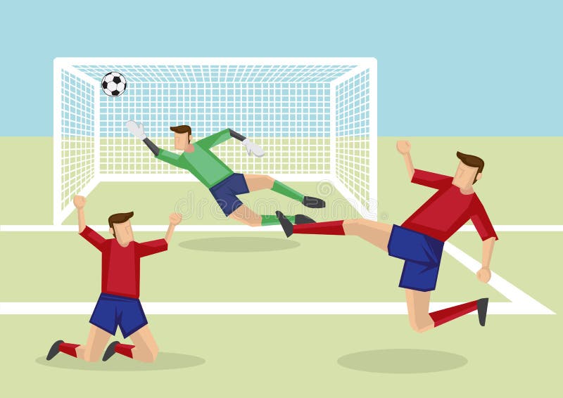 Exciting scene of attacker kicking soccer ball into the net to score victory and goalkeeper fail to save the goal. Vector cartoon illustration of association football sport in action. Exciting scene of attacker kicking soccer ball into the net to score victory and goalkeeper fail to save the goal. Vector cartoon illustration of association football sport in action.