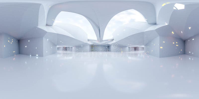 360 Grad Panoramablick auf moderne weiße futuristische Technologie Konzept Gebäude Innenraum 3D Rendering Illustration