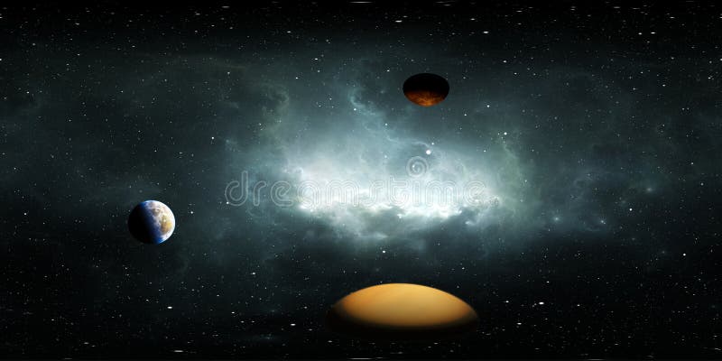 360 Grad Raumuntergrund mit Exoplaneten oder Extrasolaren Planeten, Nebel und Sternen, äquirechteckige Projektion, Umgebungskarte