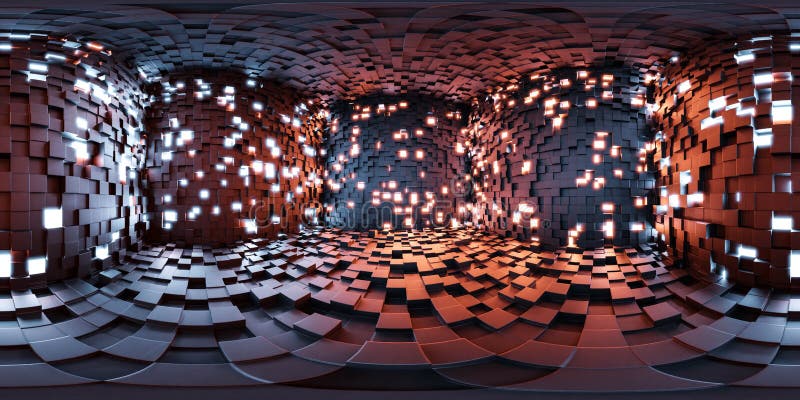 360 Grad volle Panoramabildkarte des künftigen Architekturstudios mit leuchtend LEDs und kubischen Wänden 3D rendern