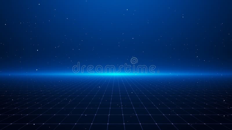 Grade de perspectiva. fundo abstrato brilhando partículas azuis do chão estrelas poeira com reflexo. brilho futurista no espaço em