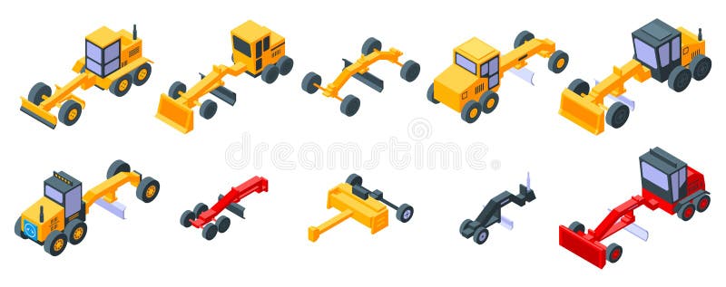 Grader machine icons set, isometric style vector illustration