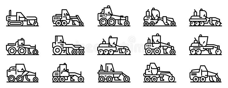 Grader machine icons set, outline style vector illustration