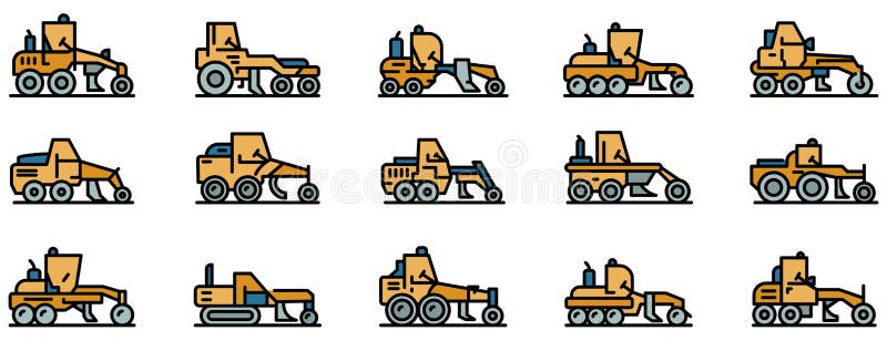 Grader machine icons set vector flat stock illustration