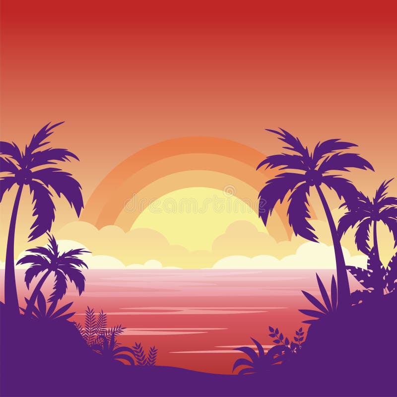 Gradient beach sunset landscape background with silhouette of palm trees, simple and trendy with flat design. Gradient beach sunset landscape background with silhouette of palm trees, simple and trendy with flat design