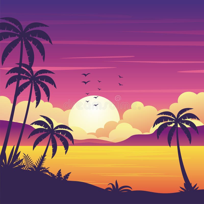 Gradient beach sunset landscape background with silhouette of palm trees, simple and trendy with flat design. Gradient beach sunset landscape background with silhouette of palm trees, simple and trendy with flat design