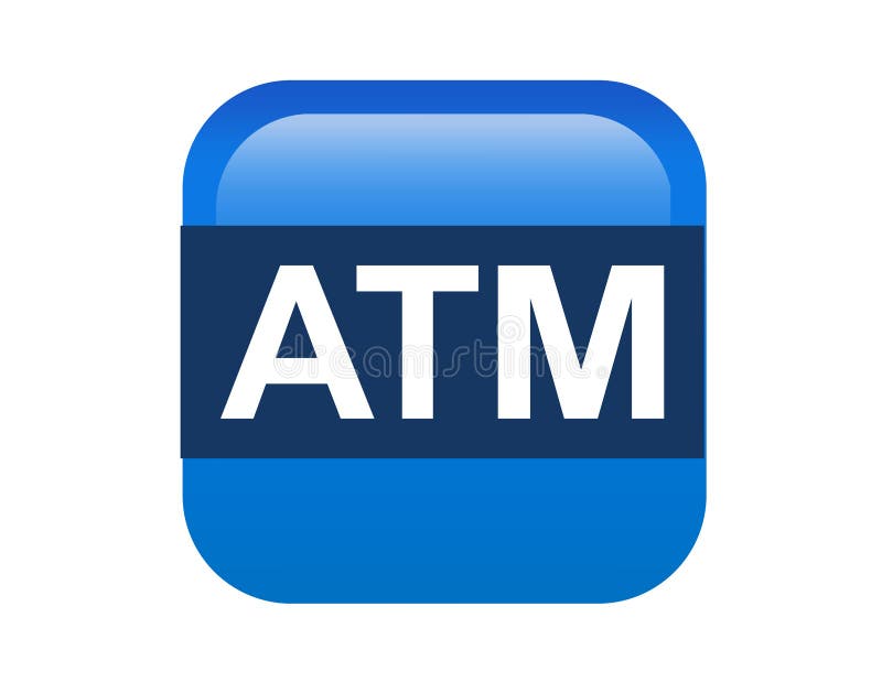 Gradient blue ATM button square icon, represent Automated Teller Machine stock illustration