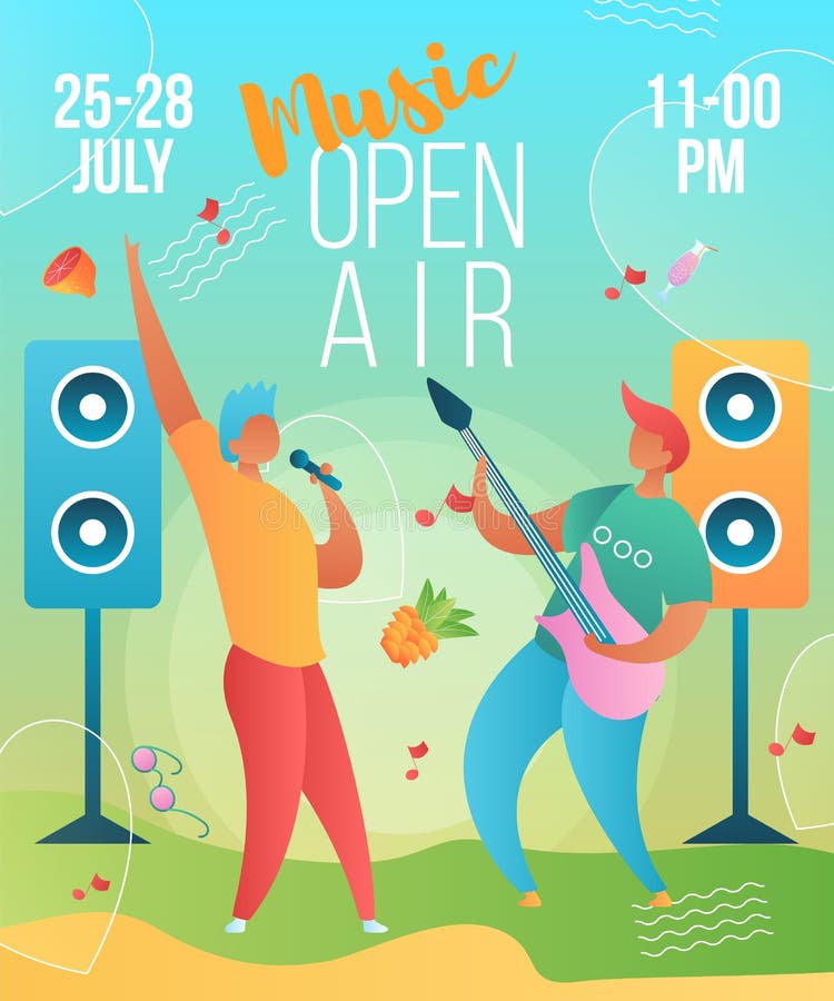 Gradient cartoon płaskie bohaterów muzyczny zespół gitarzysta, piosenkarz-święto letnie otwarte powietrze, fest muzyczny, koncept ilustracji Gradient cartoon płaskie bohaterów muzyczny zespół gitarzysta, piosenkarz-święto letnie otwarte powietrze, fest muzyczny, koncept ilustracji