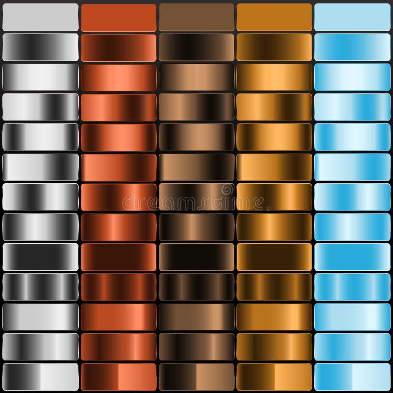 Gradient color palette featuring swatches in light gray, burnt orange, brown, rust, and light blue. These colors are arranged in vertical columns, with each column representing a different color. Each swatch exhibits a gradient effect, transitioning from lighter shades to darker hues or vice versa. The layout shows a smooth blend of colors, ideal for design purposes and creating gradient backgrounds. The glossy appearance of the swatches accentuates the gradient effect, emphasizing the depth and richness of each color. Rust shades vectors