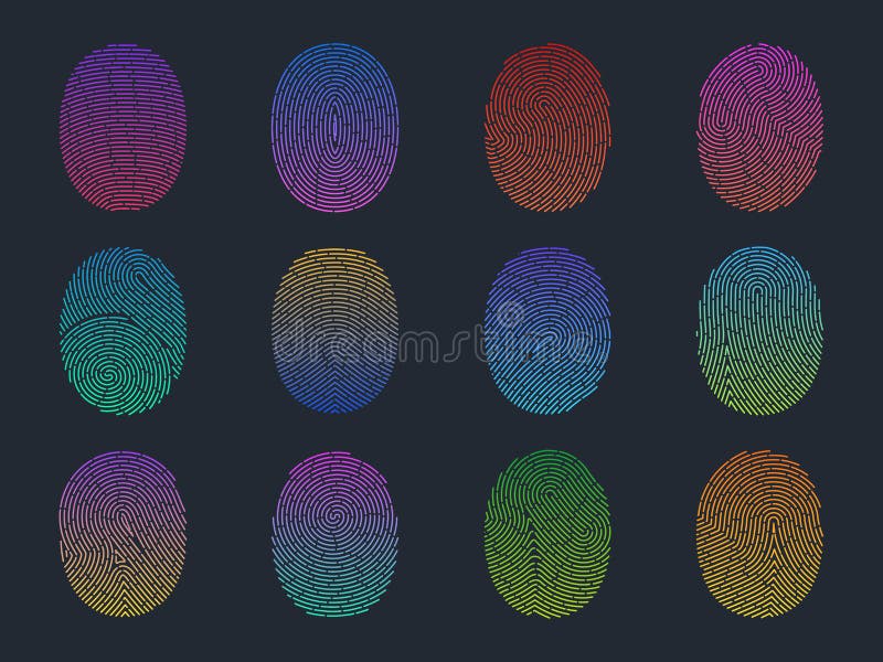 Gradient fingerprints. Personality verification, fluorescent human finger marks authentication, scanning technology royalty free illustration